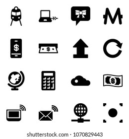 Solid vector icon set - train vector, notebook connect, bow message, monero, mobile payment, cash, uplooad, reload, globe, calculator, cloud, money, wi fi, wireless mail, record button