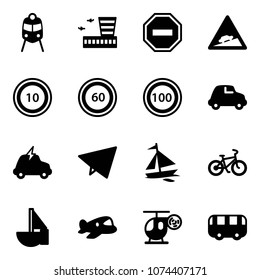 Solid vector icon set - train vector, airport building, no way road sign, climb, speed limit 10, 60, 100, car, electric, paper fly, sail boat, bike, sailboat toy, plane, helicopter, bus