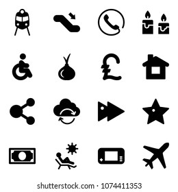 Solid vector icon set - train vector, escalator down, phone, candle, disabled, onion, pound, home, share, refresh cloud, fast forward, star, money, beach, game console, plane