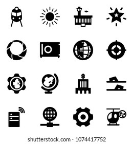 Solid vector icon set - train vector, sun, airport building, christmas star, wreath, safe, globe, target, gear, bank, flip flops, server wireless, helicopter toy