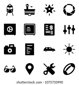 Solid vector icon set - train vector, airport building, christmas star, wreath, safe, account statement, settings, camera, document, limousine, sun, sunglasses, navigation pin, wrench screwdriver