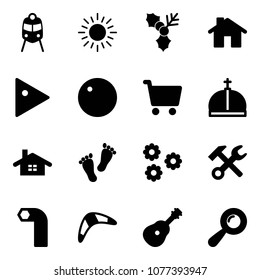 Solid vector icon set - train vector, sun, holly, home, play, record, cart, crown, feet, flower, wrench hammer, allen key, boomerang, guitar, beanbag