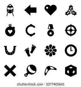 Solid vector icon set - train vector, left arrow, heart, holly, stopwatch, cent, star medal, target, luck, feet, flower, clock, delete, beanbag, boomerang, cube toy