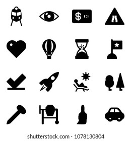 Solid vector icon set - train vector, eye, credit card, Road narrows sign, heart, air balloon, sand clock, flag, check, rocket, beach, forest, nail, cocncrete mixer, brush, car