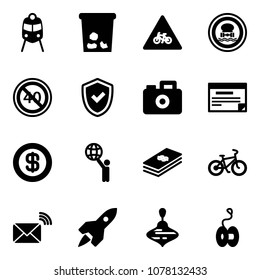 Solid vector icon set - train vector, trash, road for moto sign, no dangerous cargo, end minimal speed limit, shield check, camera, schedule, dollar, world, bike, wireless mail, rocket, wirligig toy