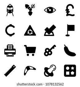 Solid vector icon set - train vector, holly, eye, pound, cent, round motion road sign, check, flag, printer, cart, key, banana, ruler, boomerang, soother, cube hole toy