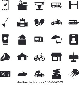 Solid vector icon set - train flat fector, car, trailer, bus, sailboat, indentity card, VIP area, motorcycle, bicycle, ticket, check in, tent, hand luggage, chaise lounge, sun protection cream, shop