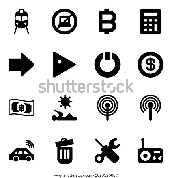 Solid vector icon set - train vector, no computer\
sign, bitcoin, calculator, right arrow, play, standby, dollar,\
money, reading, antenna, car wireless, trash bin, wrench\
screwdriver, radio