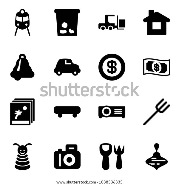 Solid vector icon set -\
train vector, trash, fork loader, home, bell, car, dollar, money,\
photo, skateboard, projector, farm, pyramid toy, camera, shovel,\
wirligig