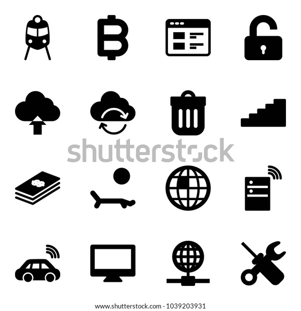 Solid vector\
icon set - train vector, bitcoin, website, unlocked, upload cloud,\
refresh, trash bin, stairs, dollar, lounger, globe, server\
wireless, car, monitor, wrench\
screwdriver