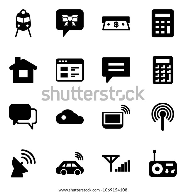 Solid vector\
icon set - train vector, bow message, cash, calculator, home,\
website, chat, dialog, cloud, notebook wi fi, antenna, satellite,\
car wireless, fine signal,\
radio