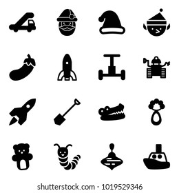 Solid vector icon set - trap truck vector, santa claus, christmas hat, elf, eggplant, rocket, gyroscope, robot, shovel, crocodile, beanbag, bear toy, caterpillar, wirligig, boat