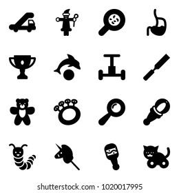 Solid vector icon set - trap truck vector, santa claus, bacteria, stomach, gold cup, dolphin, gyroscope, rasp, bear toy, beanbag, caterpillar, unicorn stick, cat