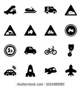 Solid vector icon set - trap truck vector, snowmobile, encashment car, climb road sign, embankment, tractor way, for moto, no, limited height, bike, piston, wireless, rocket, plane toy