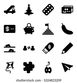 Solid vector icon set - trap truck vector, christmas tree, pills blister, credit card, piggy bank, pyramid flag, banana, flip flops, information exchange, usb wi fi, pencil, kite, puzzle, yoyo