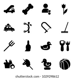 Solid vector icon set - trap truck vector, broken bone, winner, tulip, car baggage, bezier, fretsaw, rake, farm fork, brush, duck toy, shovel, bucket, unicorn stick, basketball