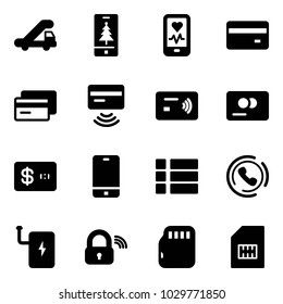 Solid vector icon set - trap truck vector, christmas mobile, heart monitor, credit card, tap pay, phone, menu, horn, power bank, wireless lock, micro flash, sim