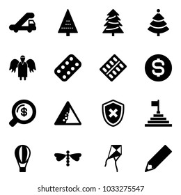 Solid vector icon set - trap truck vector, christmas tree, angel, pills blister, dollar coin, money search, landslide road sign, shield cross, pyramid flag, air balloon, dragonfly, kite, pencil
