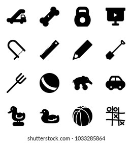 Solid vector icon set - trap truck vector, broken bone, weight, presentation board, fretsaw, ruler, pencil, shovel, farm fork, ball, elephant wheel, car, toy duck, basketball, Tic tac toe