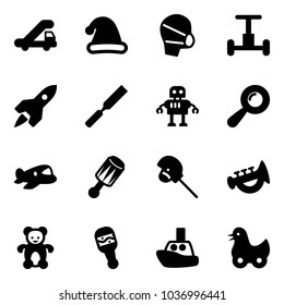 Solid vector icon set - trap truck vector, christmas hat, medical mask, gyroscope, rocket, rasp, robot, beanbag, plane toy, horse stick, horn, bear, boat, duck