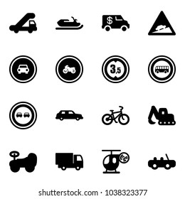 Solid vector icon set - trap truck vector, snowmobile, encashment car, climb road sign, no, moto, limited height, bus, overtake, limousine, bike, excavator toy, baby, helicopter