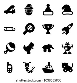 Solid vector icon set - trap truck vector, santa claus, christmas hat, sleigh, bacteria, gold cup, rocket, beanbag, dinosaur toy, elephant wheel, robot, phone, caterpillar, boat, cat