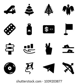 Solid vector icon set - trap truck vector, christmas tree, angel, pills blister, milk, credit card, flag, signpost, growth, victory, flip flops, cd, kite, paper plane, bow