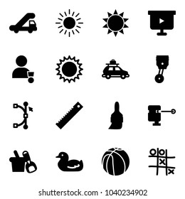 Solid vector icon set - trap truck vector, sun, presentation board, winner, car baggage, piston, bezier, ruler, brush, laser lever, shovel bucket, toy duck, basketball, Tic tac toe