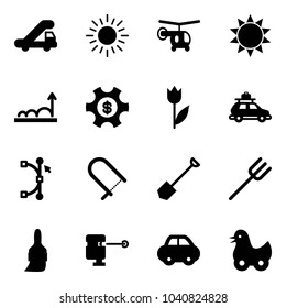 Solid vector icon set - trap truck vector, sun, helicopter, growth, money managemet, tulip, car baggage, bezier, fretsaw, shovel, farm fork, brush, laser lever, toy duck