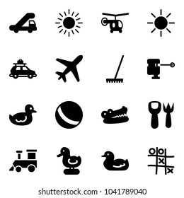 Solid vector icon set - trap truck vector, sun, helicopter, car baggage, plane, rake, laser lever, duck toy, ball, crocodile, shovel fork, train, Tic tac toe