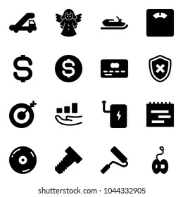 Solid vector icon set - trap truck vector, angel, snowmobile, floor scales, dollar sign, coin, credit card, shield cross, target, growth, power bank, terms plan, cd, bolt, paint roller, yoyo