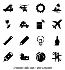 Solid vector icon set - trap truck vector, helicopter, sun, pyramid, tulip, car baggage, server wireless, plane, ruler, pencil, bulb, brush, marker, toy duck, basketball, Tic tac toe