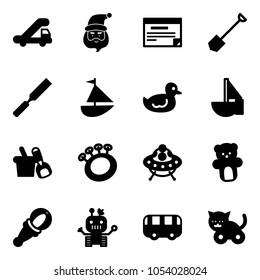 Solid vector icon set - trap truck vector, santa claus, schedule, shovel, rasp, sailboat toy, duck, bucket, beanbag, ufo, bear, robot, bus, cat