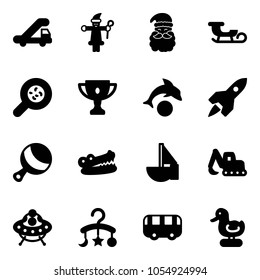 Solid vector icon set - trap truck vector, santa claus, sleigh, bacteria, gold cup, dolphin, rocket, beanbag, crocodile, sailboat toy, excavator, ufo, baby carousel, bus, duck