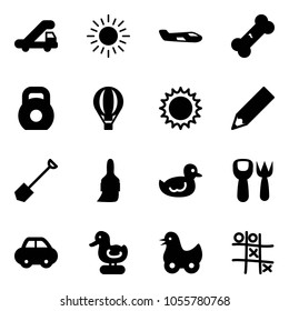 Solid vector icon set - trap truck vector, sun, small plane, broken bone, weight, air balloon, pencil, shovel, brush, duck toy, fork, car, Tic tac toe
