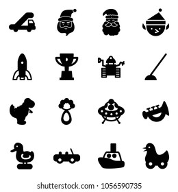 Solid vector icon set - trap truck vector, santa claus, christmas elf, rocket, win cup, robot, hoe, dinosaur toy, beanbag, ufo, horn, duck, car, boat