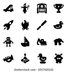 Solid vector icon set - trap truck vector, santa claus, money chest, gold cup, rocket, fire, rasp, duck toy, robot, sailboat, excavator, elephant wheel, horn, wirligig, monster