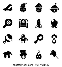 Solid vector icon set - trap truck vector, santa claus, christmas elf, bacteria, money chest, rocket, fire, beanbag, robot, elephant wheel, bear toy, yoyo, unicorn stick
