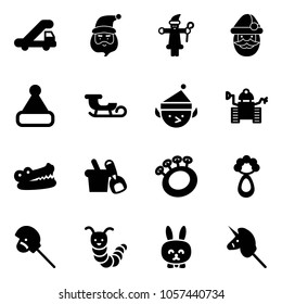 Solid vector icon set - trap truck vector, santa claus, christmas hat, sleigh, elf, robot, crocodile, shovel bucket, beanbag, horse stick toy, caterpillar, rabbit, unicorn