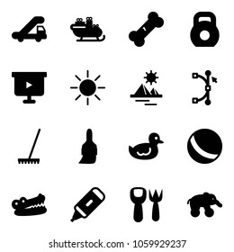 Solid vector icon set - trap truck vector, santa sleigh, broken bone, weight, presentation board, sun, pyramid, bezier, rake, brush, duck toy, ball, crocodile, marker, shovel fork, elephant wheel