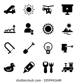 Solid vector icon set - trap truck vector, sun, helicopter, presentation board, growth, winner, pyramid, fretsaw, shovel, bulb, laser lever, duck toy, marker, fork, train
