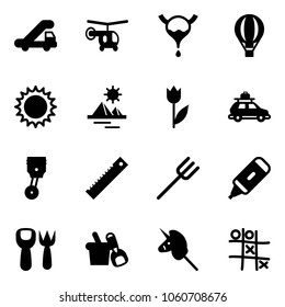 Solid vector icon set - trap truck vector, helicopter, bladder, air balloon, sun, pyramid, tulip, car baggage, piston, ruler, farm fork, marker, shovel toy, bucket, unicorn stick, Tic tac toe