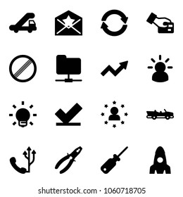 Solid vector icon set - trap truck vector, star letter, exchange, card pay, no limit road sign, network folder, growth arrow, idea, bulb, check, man, cabrio, phone, pliers, screwdriver, rocket