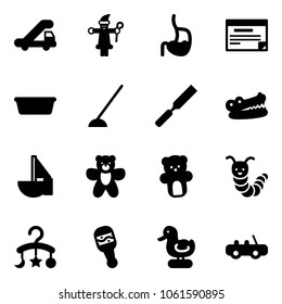 Solid vector icon set - trap truck vector, santa claus, stomach, schedule, basin, hoe, rasp, crocodile, sailboat toy, bear, caterpillar, baby carousel, beanbag, duck, car