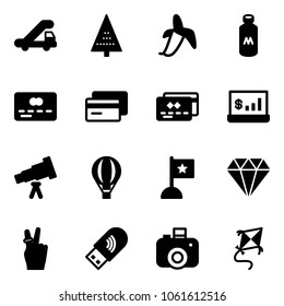 Solid vector icon set - trap truck vector, christmas tree, banana, milk, credit card, account statistics, telescope, air balloon, flag, diamond, victory, usb wi fi, camera, kite