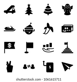 Solid vector icon set - trap truck vector, christmas tree, angel, snowmobile, elf, banana, credit card, dollar flag, growth, pyramid, victory, information exchange, power bank, paper plane