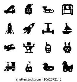 Solid vector icon set - trap truck vector, santa claus, sleigh, money chest, rocket, gyroscope, sailboat toy, plane, robot, phone, rabbit, train, yoyo, duck