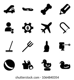 Solid vector icon set - trap truck vector, small plane, broken bone, highlight marker, winner, money managemet, fretsaw, rake, farm fork, brush, laser lever, ball, shovel bucket, toy duck