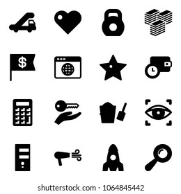 Solid vector icon set - trap truck vector, heart, weight, big cash, dollar flag, browser globe, star, wallet time, calculator, key hand, bucket scoop, eye scanner, server, dryer, rocket, beanbag
