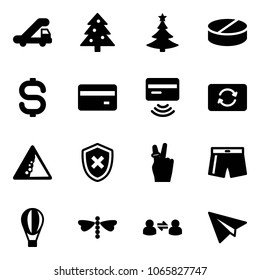 Solid Vector Icon Set - Trap Truck Vector, Christmas Tree, Pill, Dollar Sign, Credit Card, Tap Pay, Exchange, Landslide Road, Shield Cross, Victory, Swimsuit, Air Balloon, Dragonfly, Information